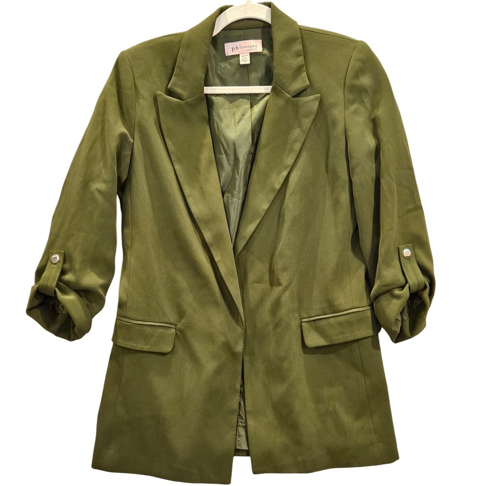 Retro Military Green Silky Long Line Blazer Roll Tab Sleeve Women XS Relaxed#450